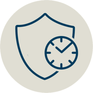 Large icon featuring a shield with a check mark inside a clock face, superimposed over it.
