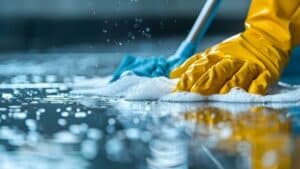 An employee with yellow gloves working in a wet plant cleaning facility.