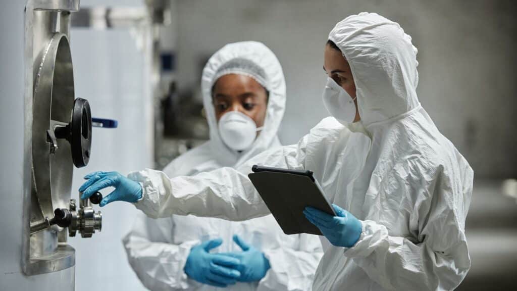 Front view of two technicians in full-body white PPE and respirators illustrating wet plant cleaning protocols.